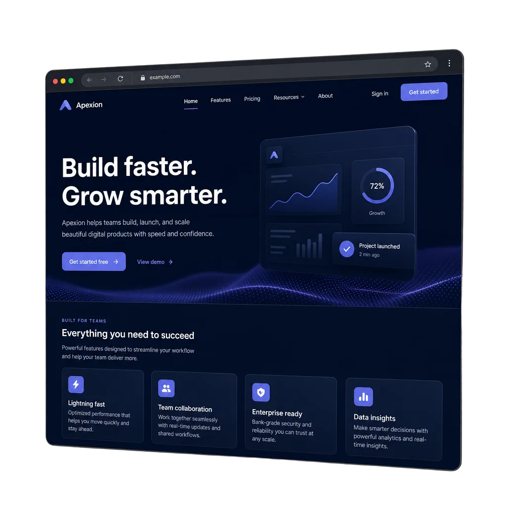 A sleek website design mockup floating in the browser, the kind of build Pocket Design ships
