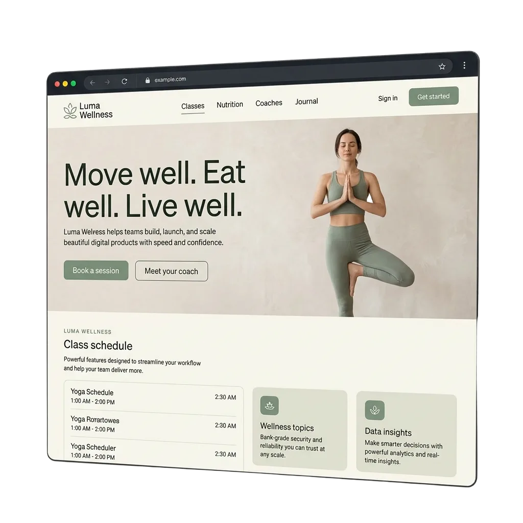Website mockup for Luma Wellness — a yoga and nutrition brand